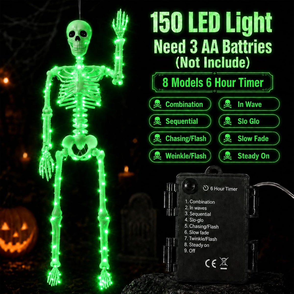 2Pack36 Halloween Light up Skeleton Deco(350 Green Lights,6H auto‑Off)