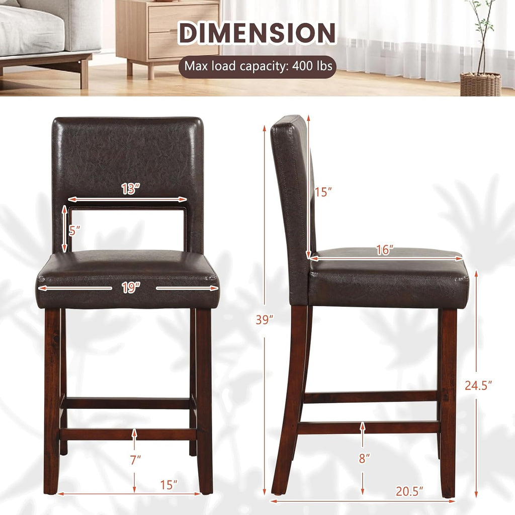 GIANTEX 24.5" Counter Height Bar Stools Set of 4, PVC Leather Barstools with Back, Rubber Wood Legs, Max Load 400 Lbs, Modern Upholstered Bar Dining Chairs for Kitchen Island Pub