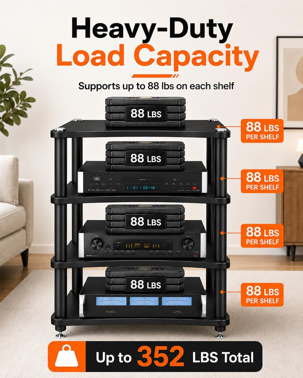 Heavy Duty 4-Tier AV Media Stand, 352 lb Load Capacity, Black