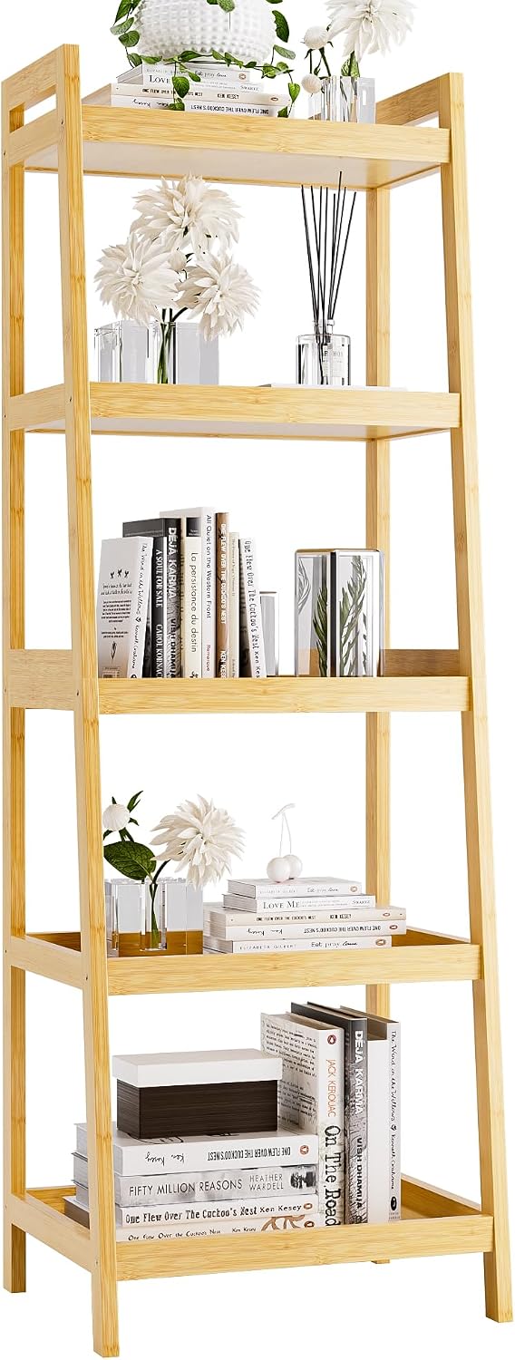 Bookshelf, 5 Tier Ladder Bookcase with Bamboo Frame, Freestanding Tall Narrow...