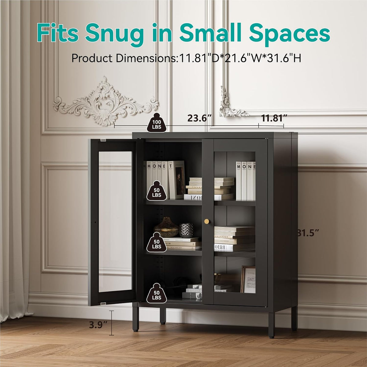 Small Metal Cabinet with Glass Doors,Display Storage Cabinet with 2 Adjustable Shelves for Bathroom Entryway Living Room Dining Room Kitchen,3-Tier,11.8" D x 23.6" W x 31.5" H, Black