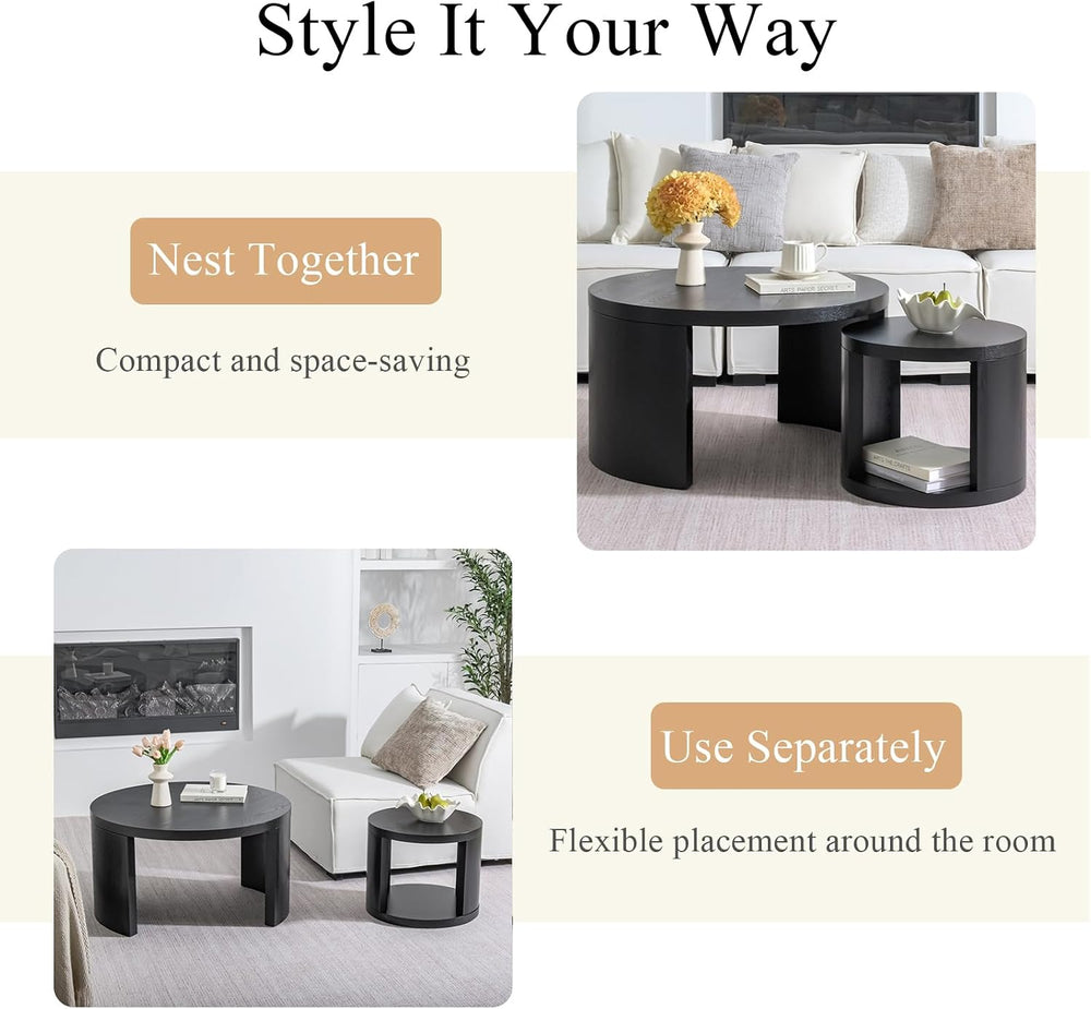 Round Nesting Coffee Table Set of 2, 31.5 & 18 in, Black