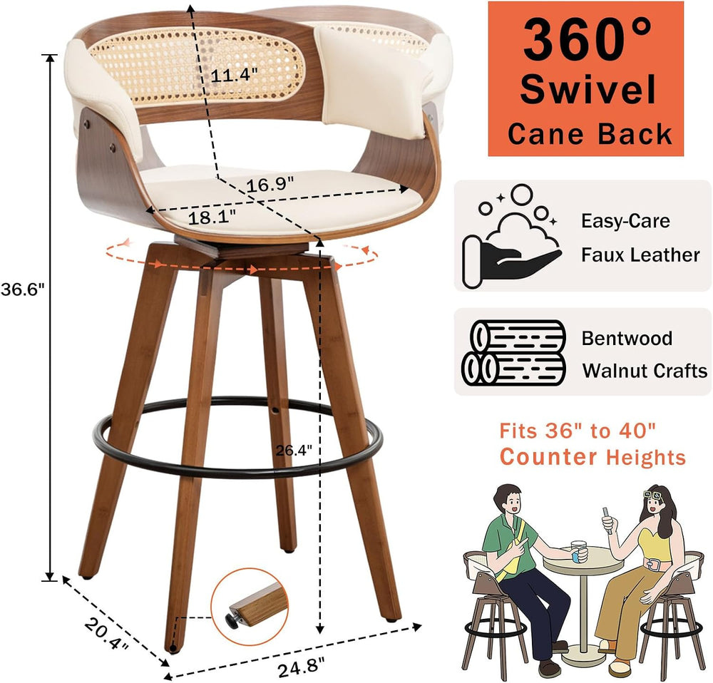 Rattan Counter Stools, 26.4 inch Mid Century Counter Stools with Cane Back