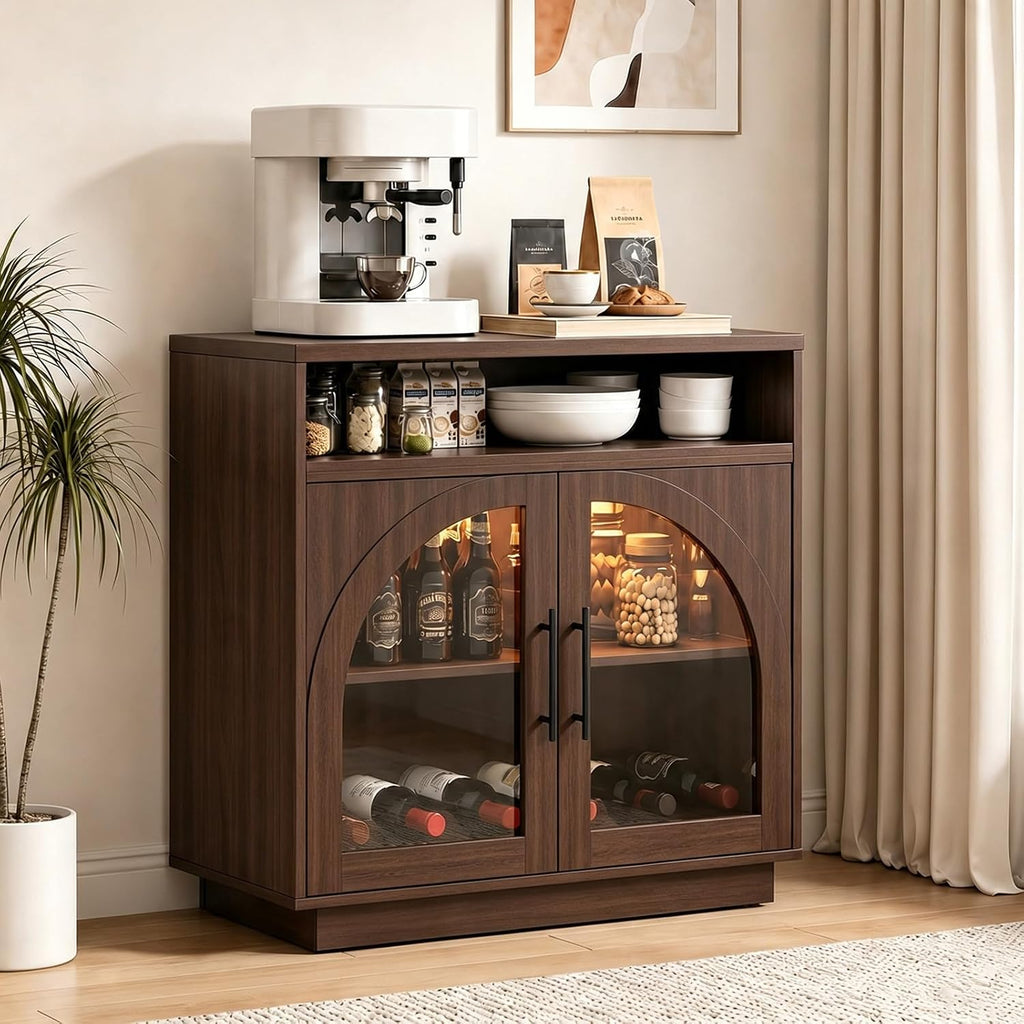 Coffee Bar Cabinet with Storage and LED Lights, Entryway Accent Cabinet