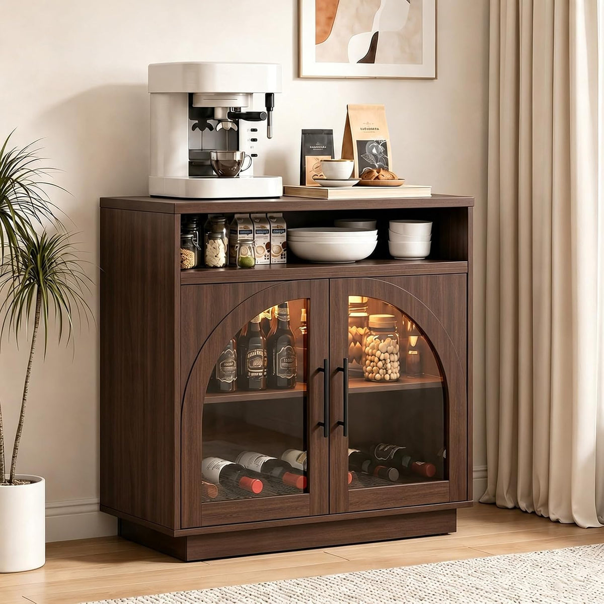 Coffee Bar Cabinet with Storage and LED Lights, Entryway Accent Cabinet