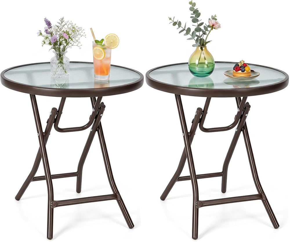 Tangkula Patio Bistro Table, 18" Round Side Table with Tempered Glass Ta...