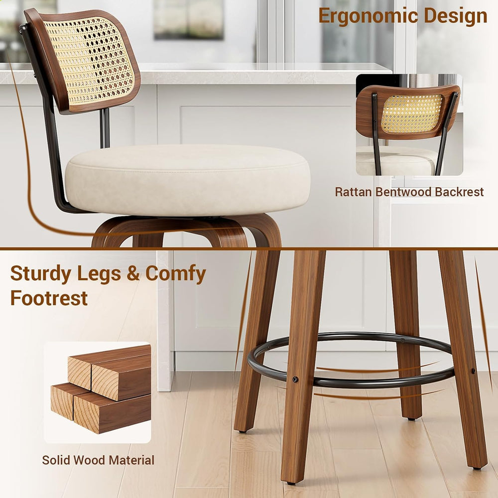 YaFiti 26" Bar Stools Set of 2 with Rattan Backs, Cream White