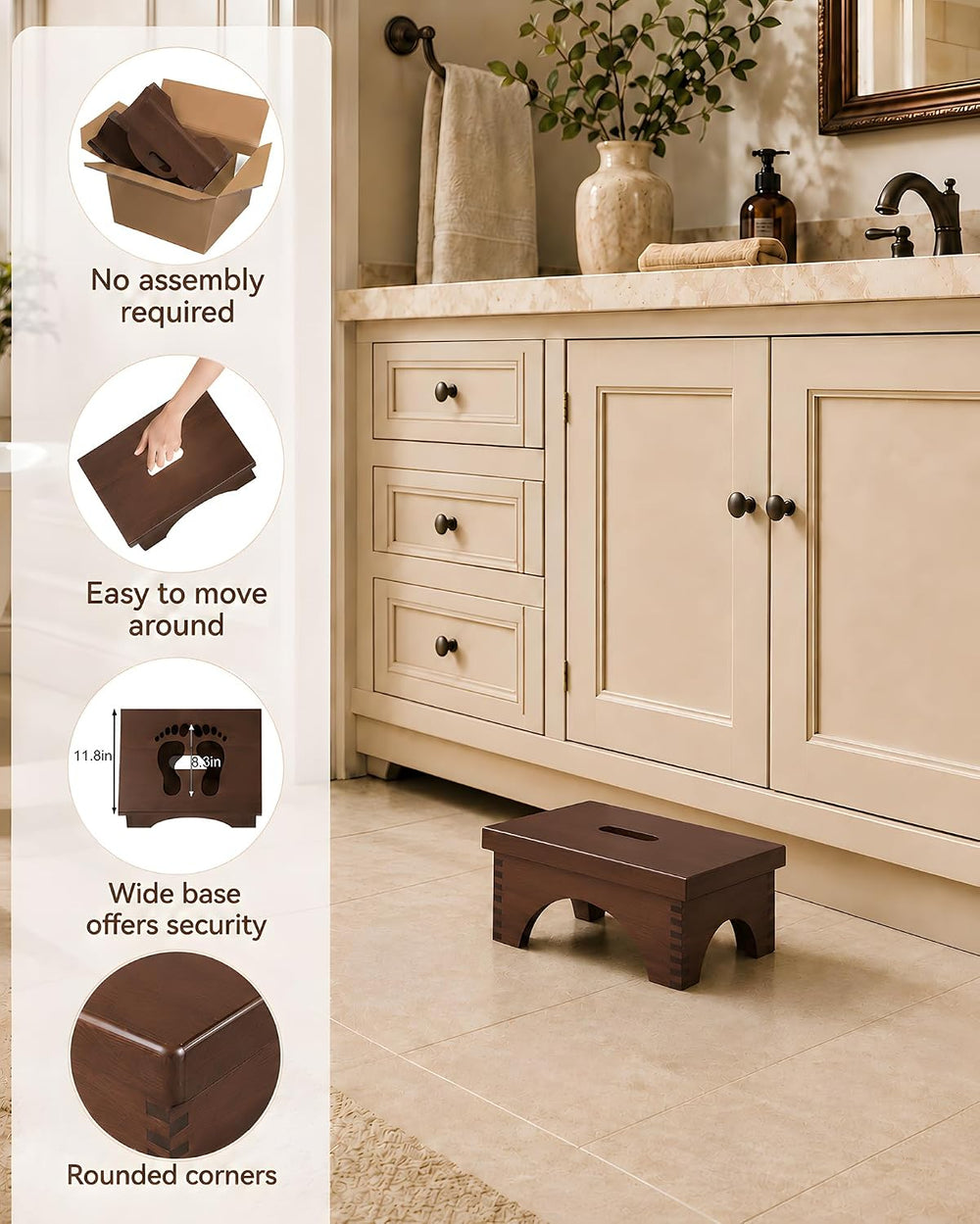 ECROCY Wooden Step Stools for Adults for Bed, Pre-Assembled Dark Walnut