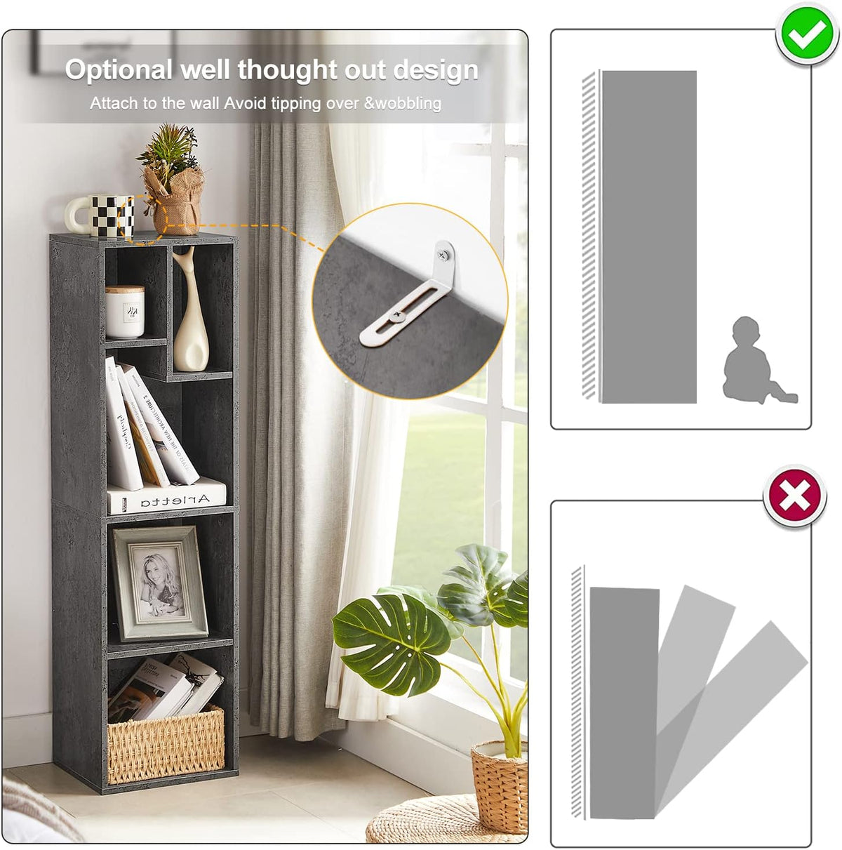 vecelo 4-tier bookcase, modern storage cabinet with height showing dimensions