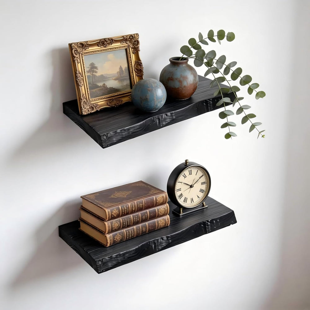 Black Live Edge Floating Shelves, 16 Inch Set of 2, Solid Elm Wood