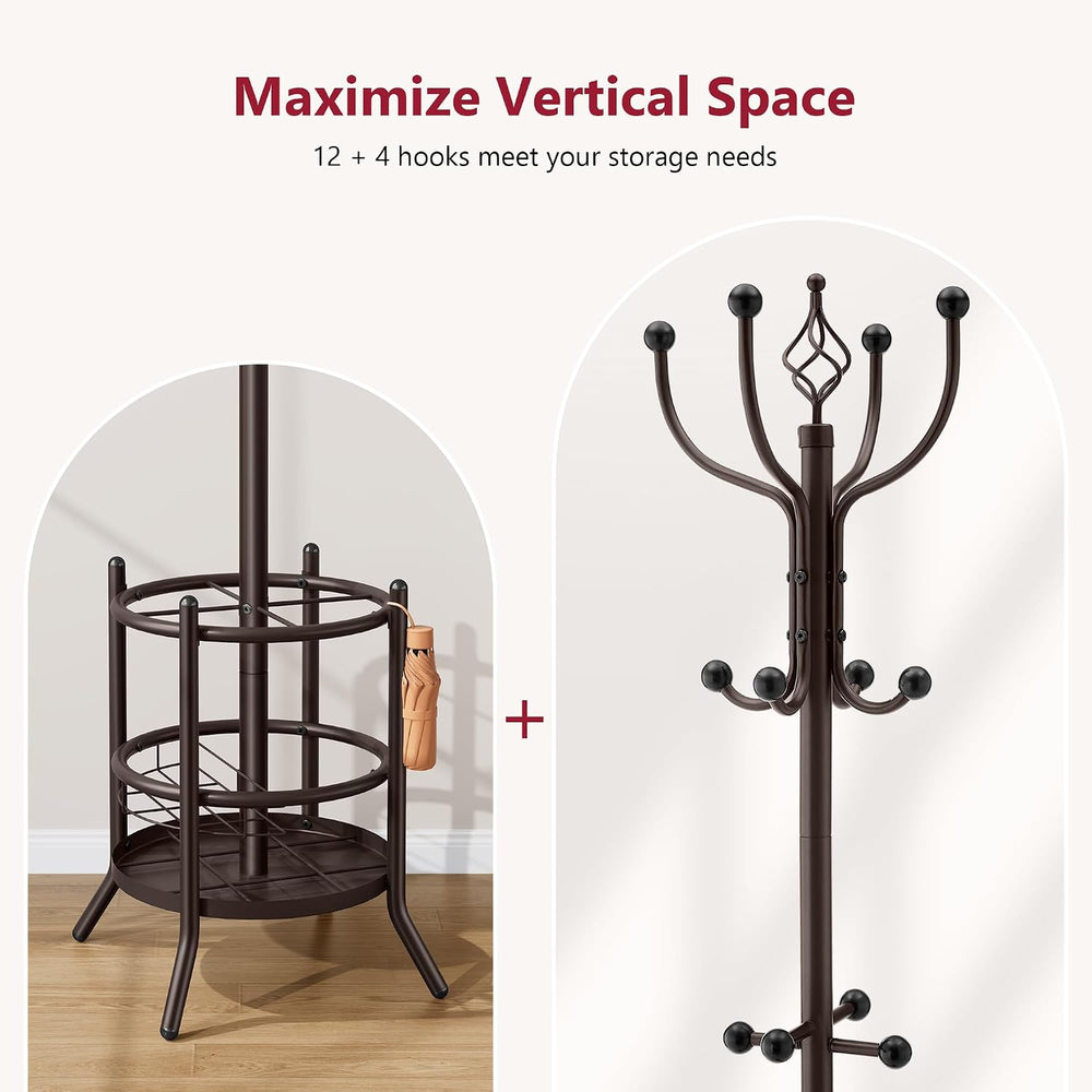 Tajsoon Coat Rack with Umbrella Stand, Coat Tree With 16 Hooks, Brown