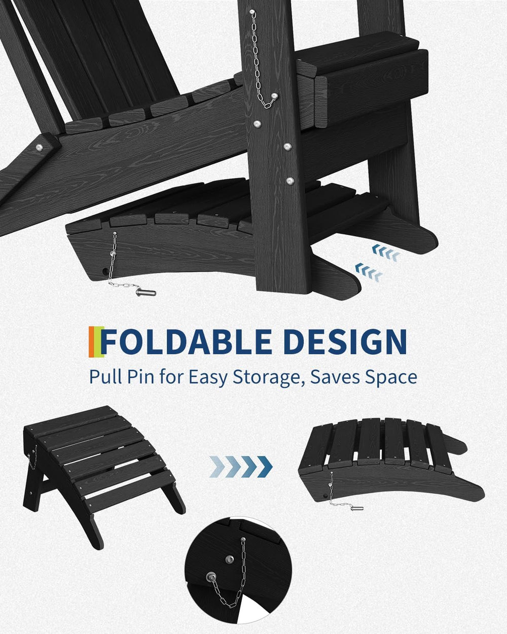 Garvee Folding Adirondack Ottoman, HDPE Footrest for Oudoor Chair, Black