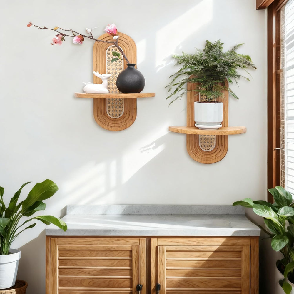 Floating Shelves for Wall, Boho Home Wall Decor,Rattan Plant Shelf Set of 2, ...
