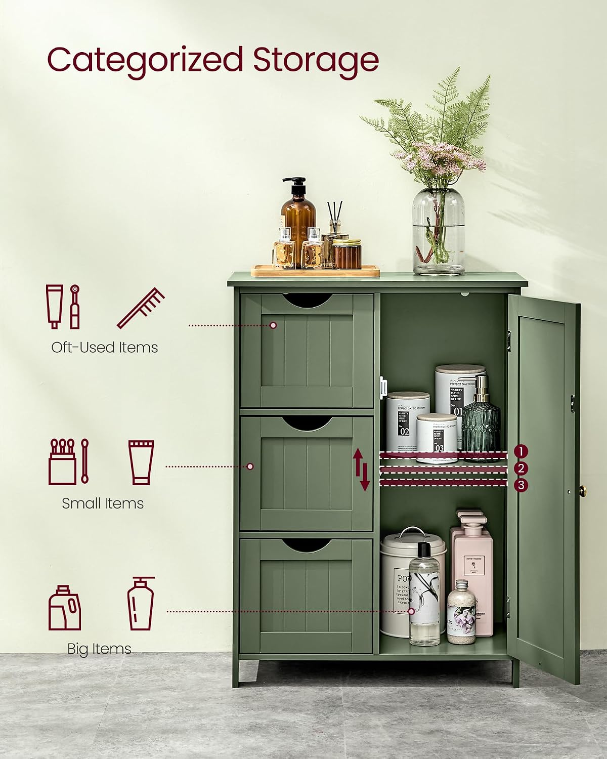 VASAGLE Bathroom Floor Storage Cabinet, 3 Drawers, Forest Green