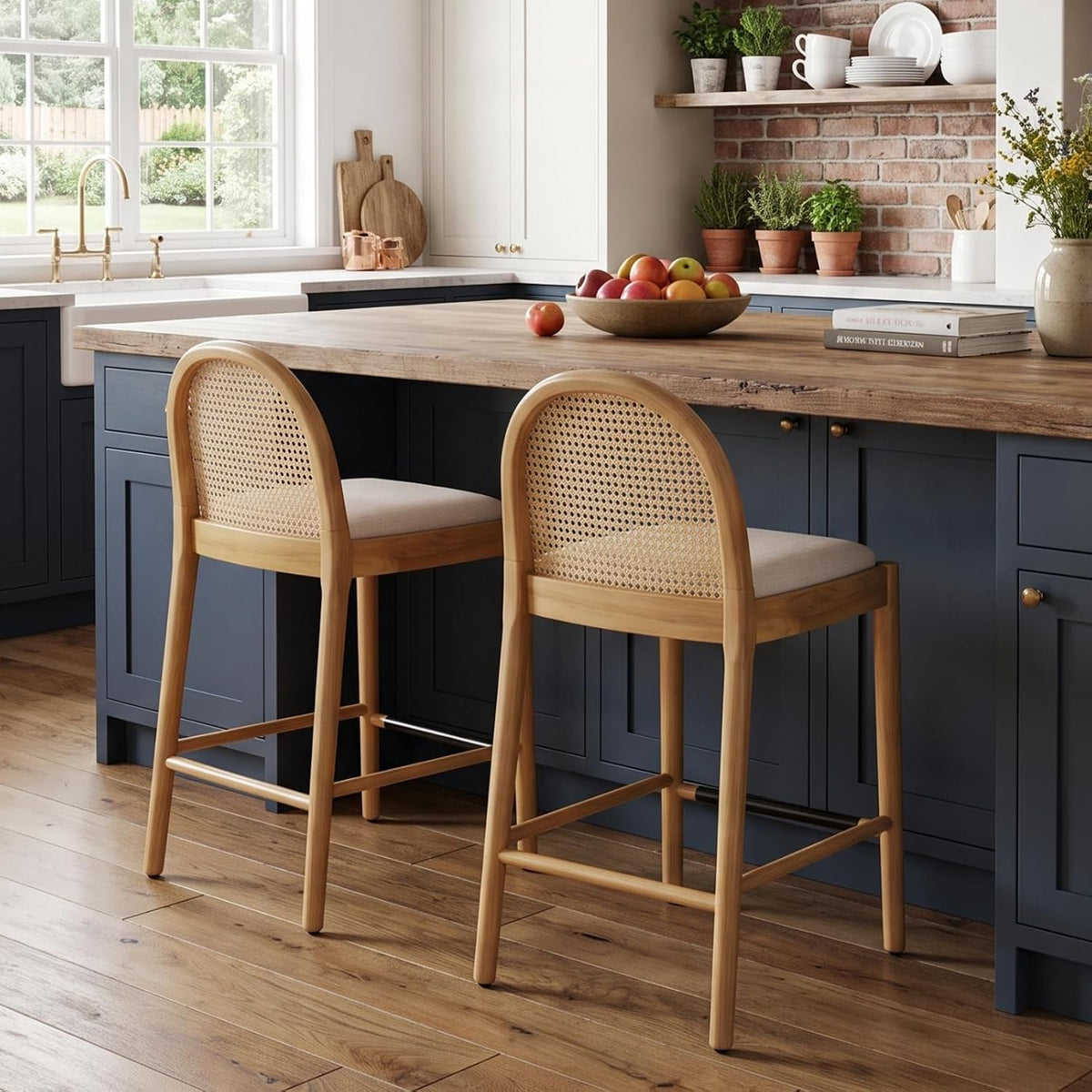 HEAH-YO Rattan Bar Stools Set of 2, 26 Inch Wood Counter Stools with Bakcrest, Linen Kitchen Stool for Island, Beige