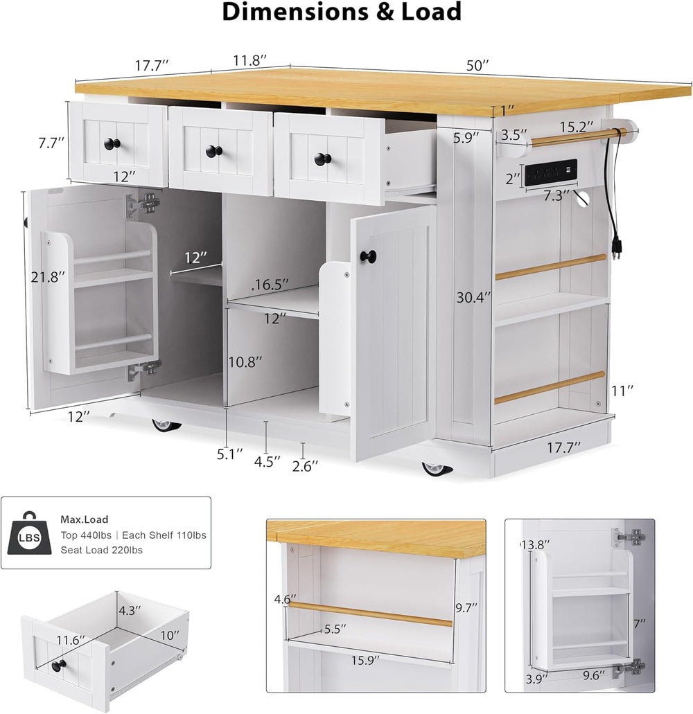 Rolling Kitchen Island with Drop Leaf & Power Outlet, Large Kitchen Islan...