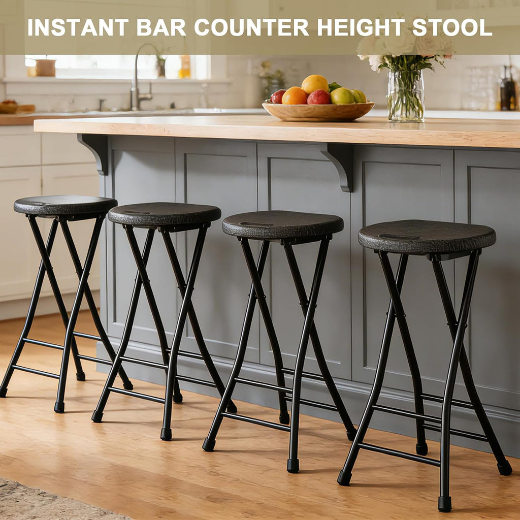 24 Inch Folding Stool Set of 2, Portable Folding Stool with Handle & Non-Slip Feet, Sturdy 440lbs Capacity Folding Bar Stool for Kitchen, Camping, Fishing, Black