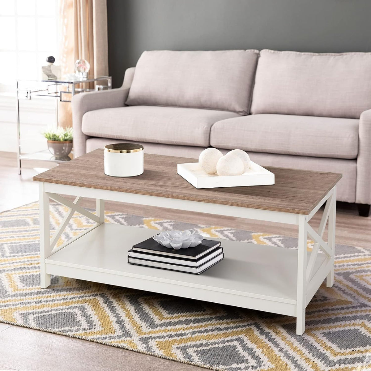 Sophia & William Farmhouse Living Room Furniture Set with 1 Coffee Table and 2 End Table with Storage Shelves