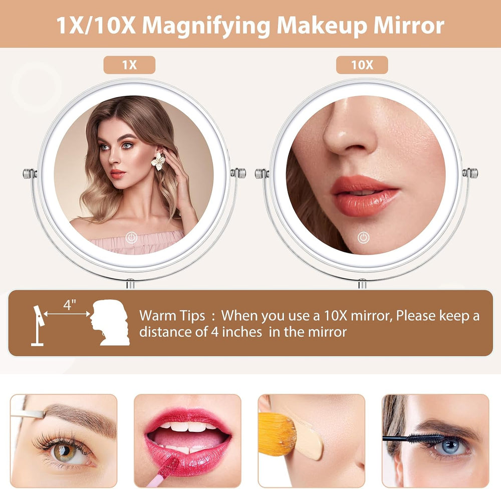 8" Tall Lighted 1X/10X Magnifying Makeup Mirror, Adjustable Height