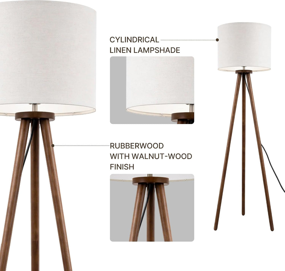 Buruis 60.6 Inch Walnut Wood Tripod Floor Lamp with Linen Drum Shade, Cream