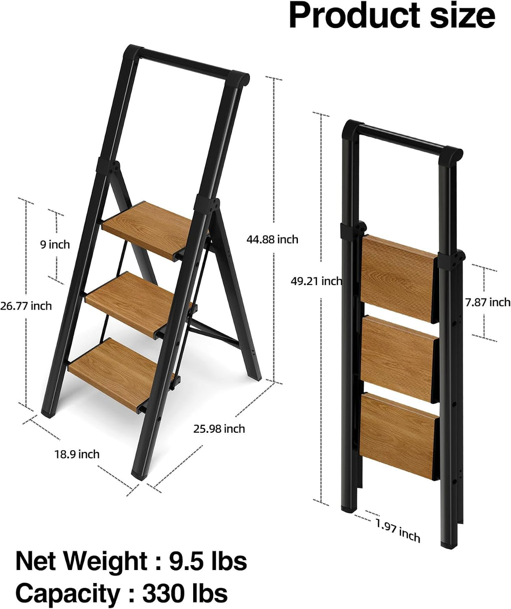 3 Step Ladder,Folding Step Stool with Aluminum Wide Pedal& Convenient Handgrip,330lbs Capacity Steel Ladder for Household and Office(Black &Woodgrain)