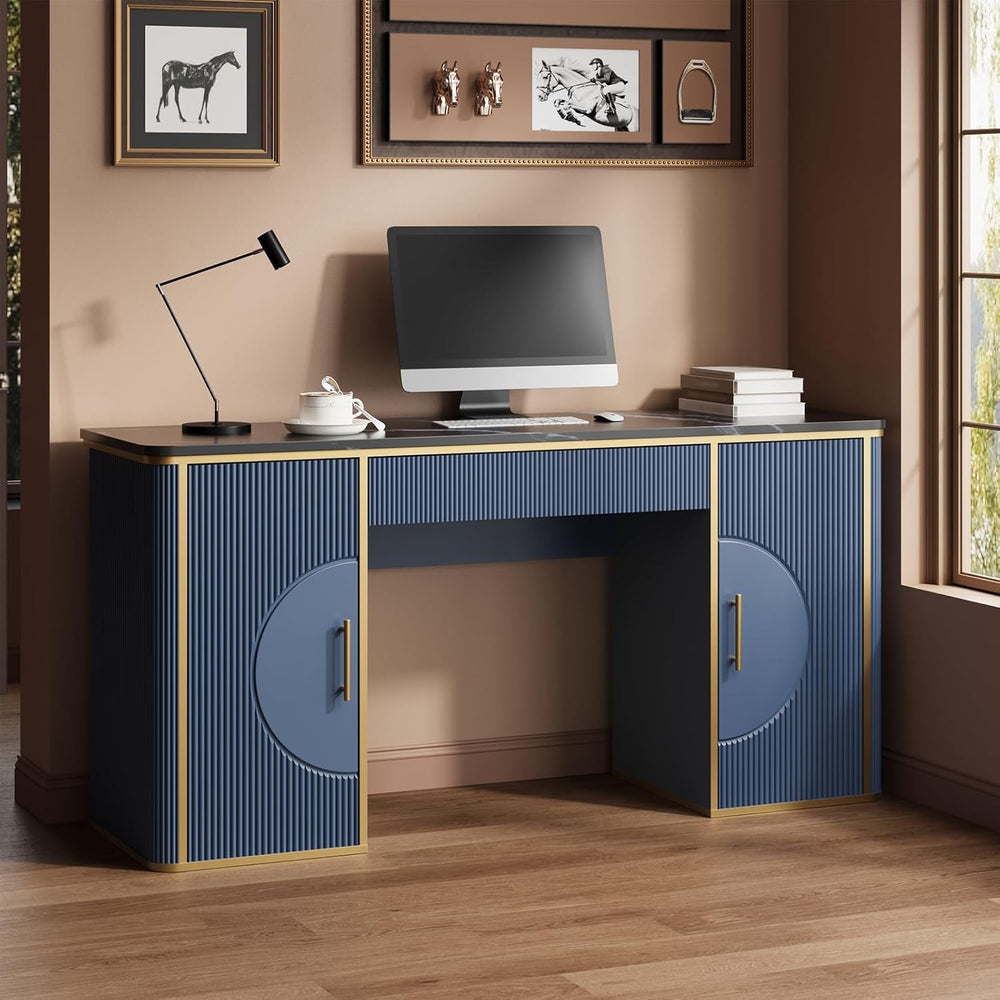 60" Fluted Computer Desk, Wooden Long Home Office Writing Desk with Draw...