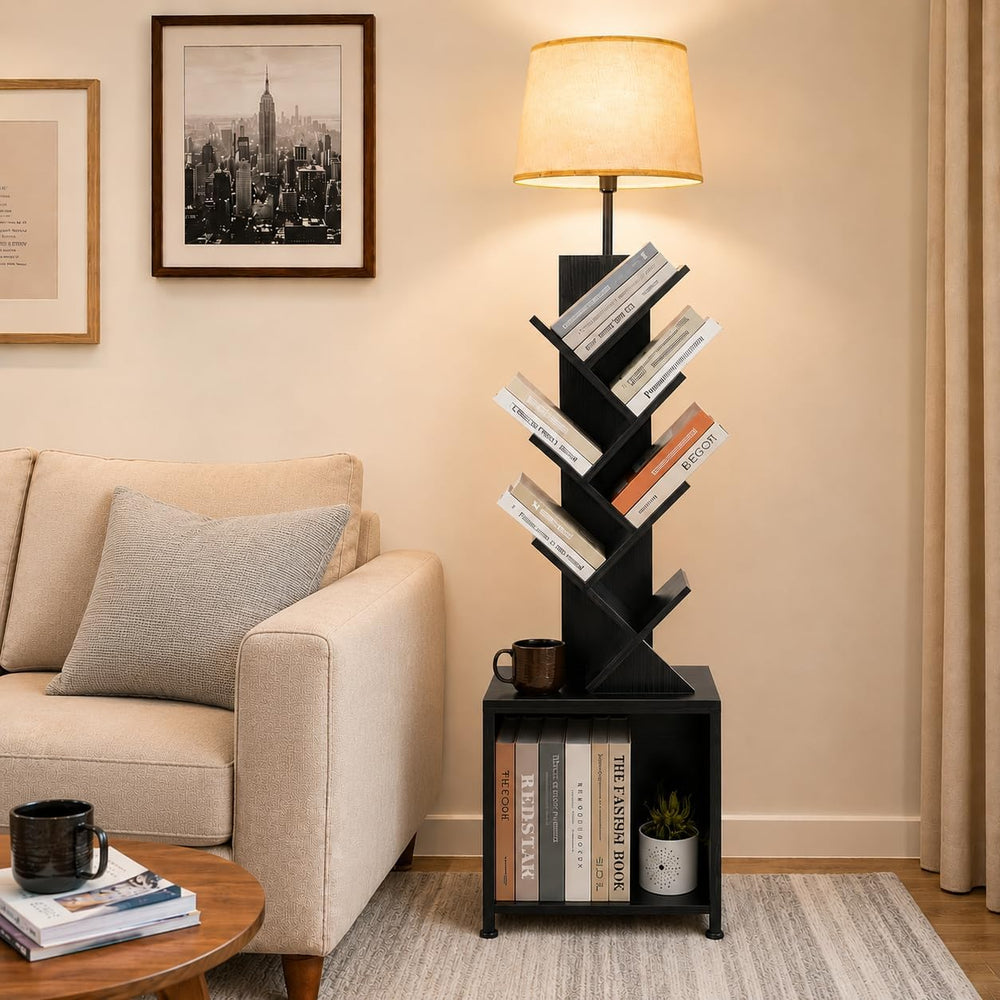 62" Tall Tree bookshelf cabinet, Oval Lamp Fabric Lightshade (Black)