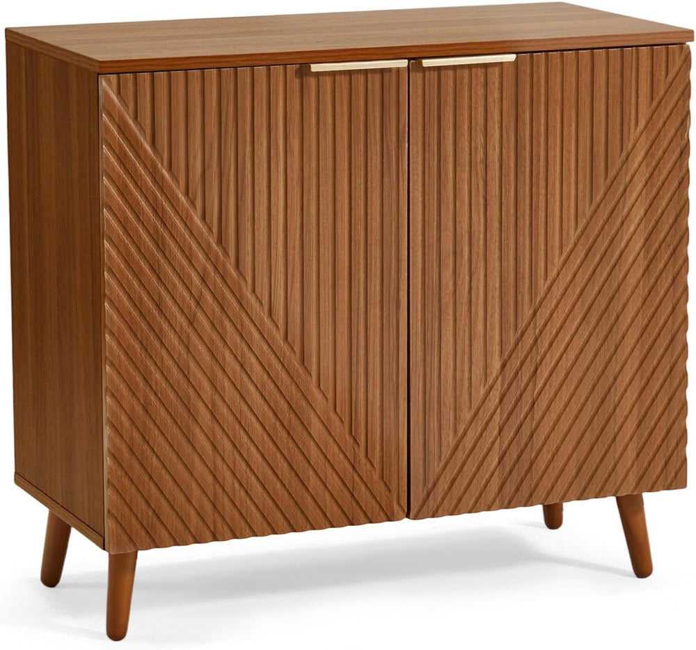 Fluted Brown Wood Sideboard Buffet Storage Cabinet with Doors