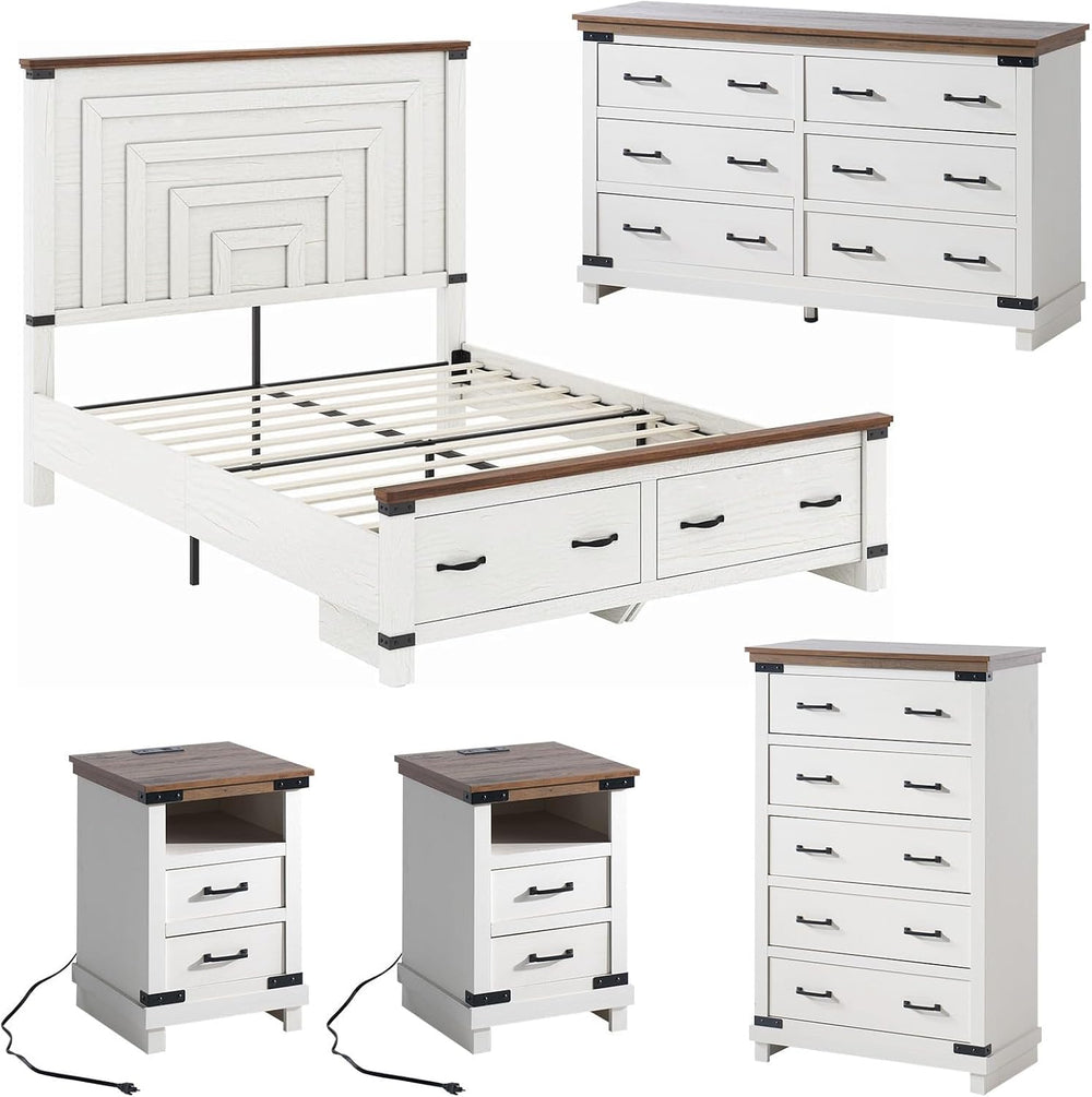 AMERLIFE 5-Piece Farmhouse Bedroom Set, Rustic Wood Queen Bed Frame with 54&q...