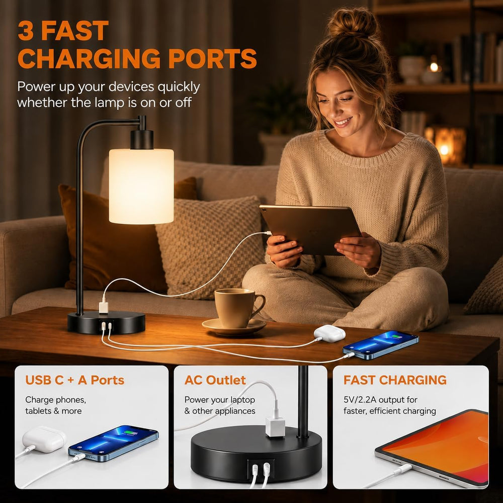 Set of 2 Industrial Touch Control Table Lamps with 2 USB Ports and AC Outlet ...