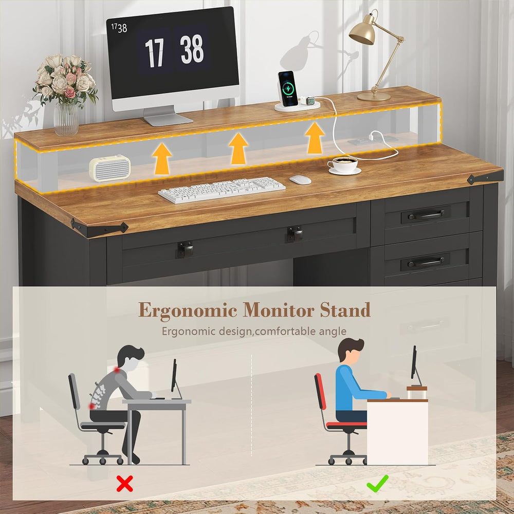 47" Farmhouse Computer Desk with Drawers & Outlets for Home Office, ...