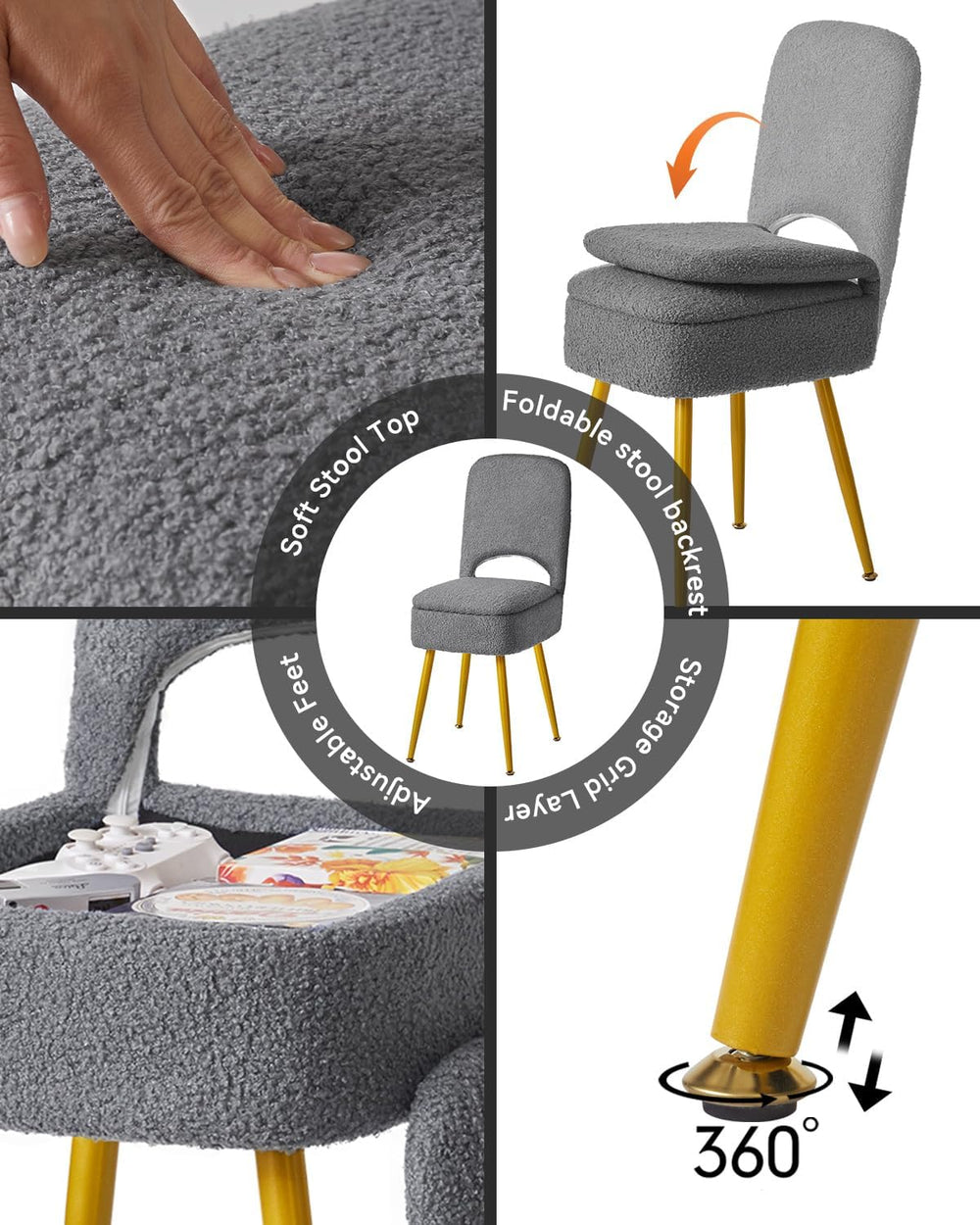 IBUYKE Storage Vanity Stool Chair with Folding Backrest, Gray WBD027G