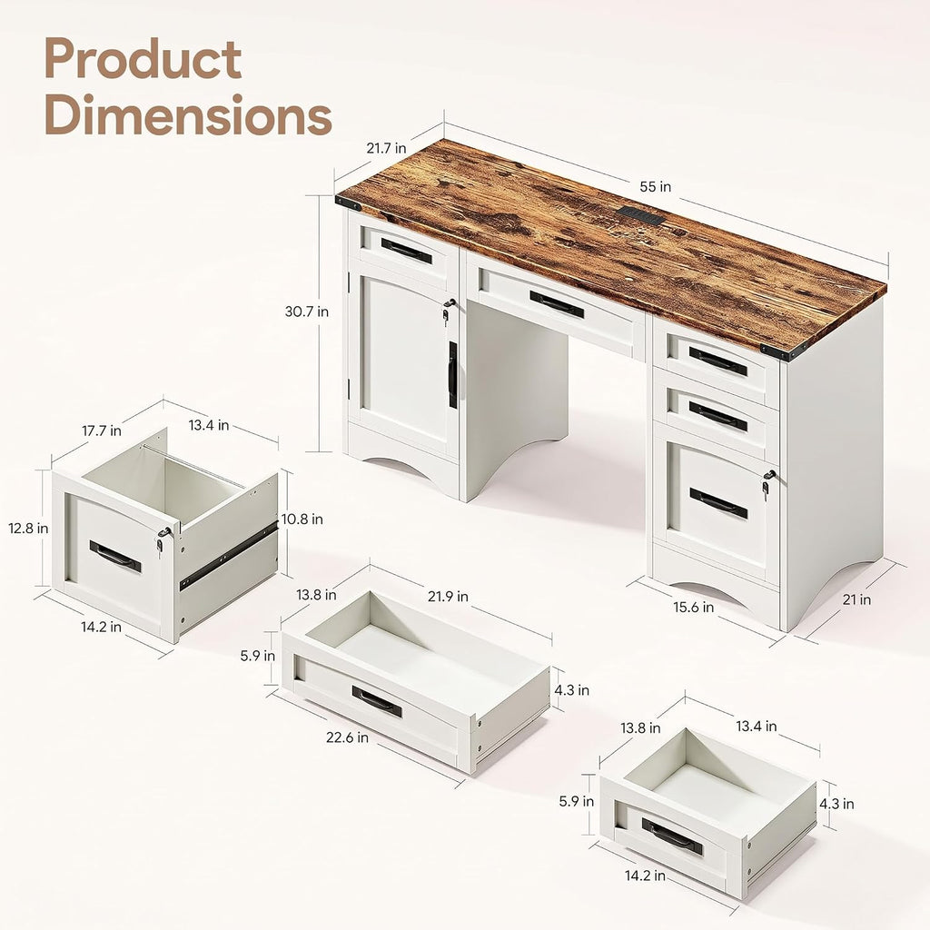 Decofy Farmhouse Executive Desk with Drawers, 55" Home Office Desks with Fast Charging Station, Lockable File Cabinet, Wood Writing Computer Desk for Work, Study