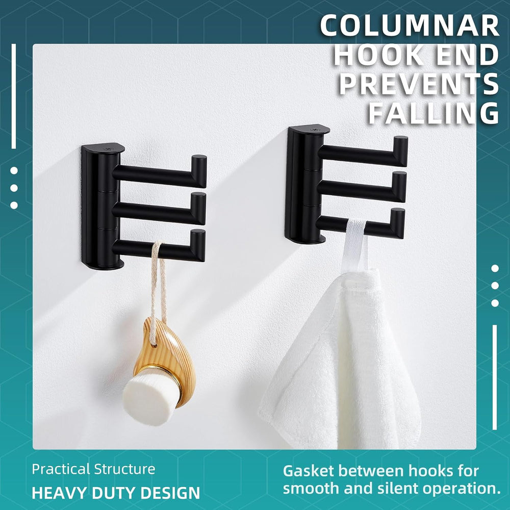 Angle Simple Swivel Towel Hooks for Bathrooms, 2 Pack Wall Hook Matte Black