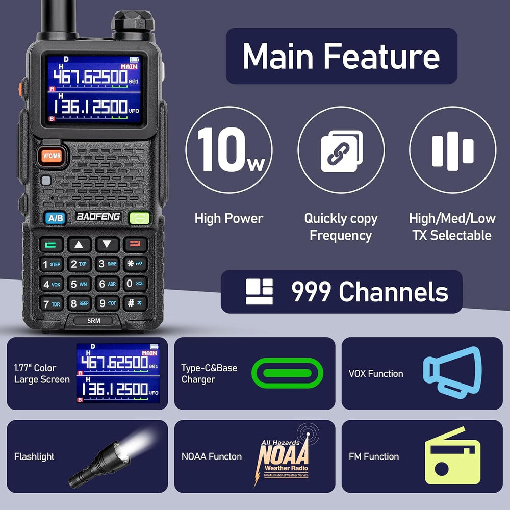 BAOFENG 5RM 10W Ham Radio Handheld Long Range Two Way Radio,NOAA Weather Rece...