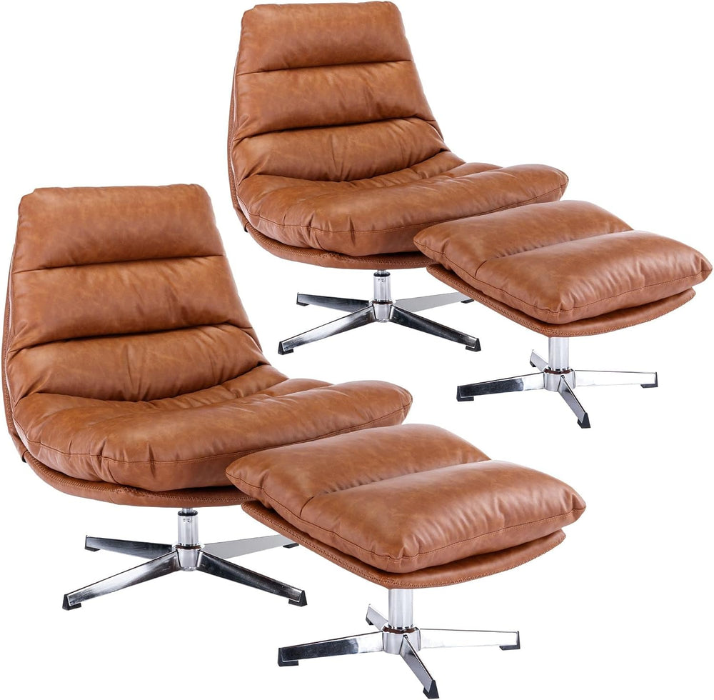 Modern Swivel Accent Chairs with Ottoman Set of 2, PU Leather Oversized Armle...