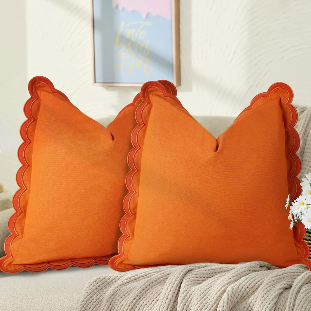 Scalloped Throw Pillow Covers Set of 2, 18x18 Inch Double Stitch Decorative C...