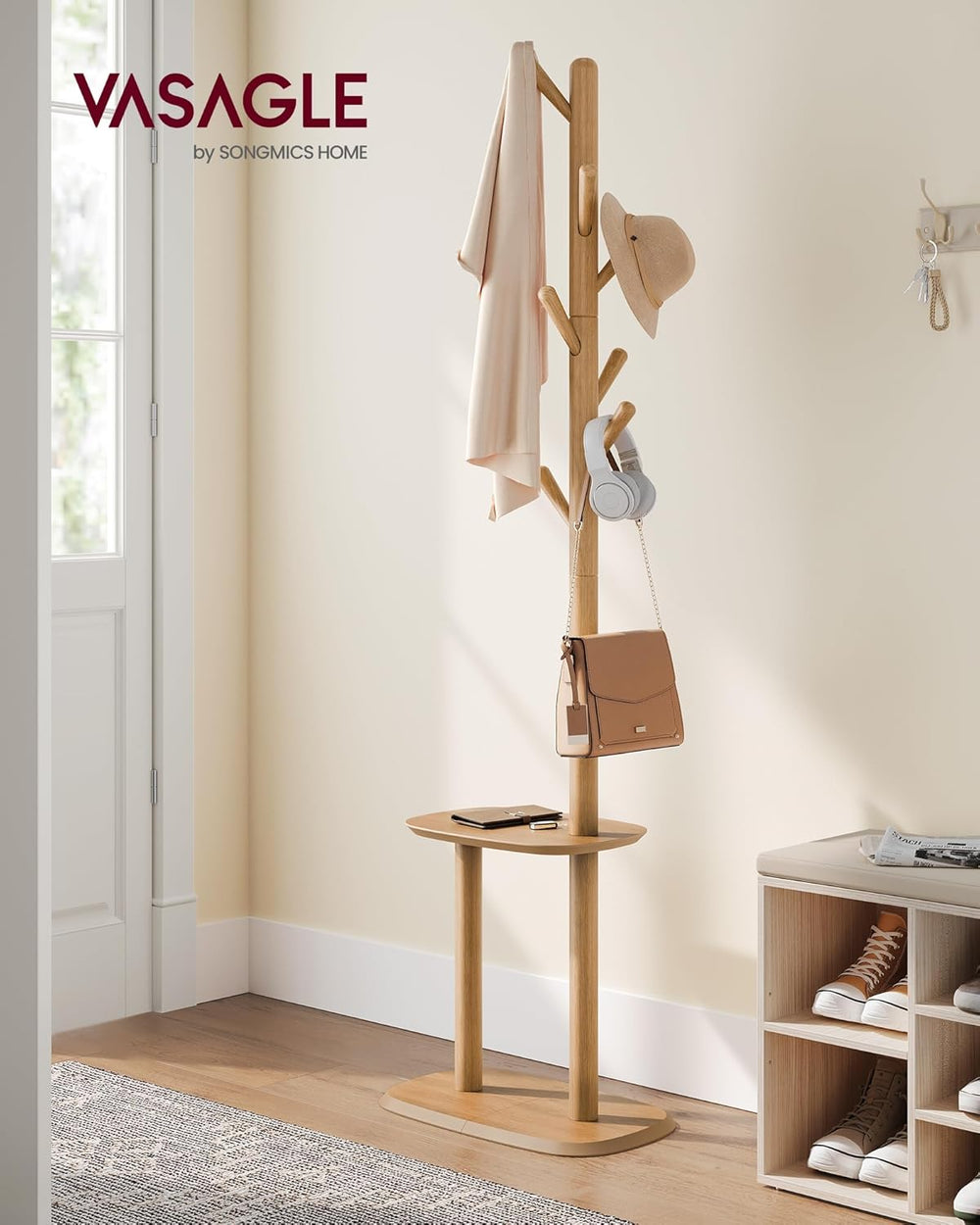 VASAGLE Coat Rack Freestanding, 8 Hooks, Storage Shelf, 67.2 Inch Tall