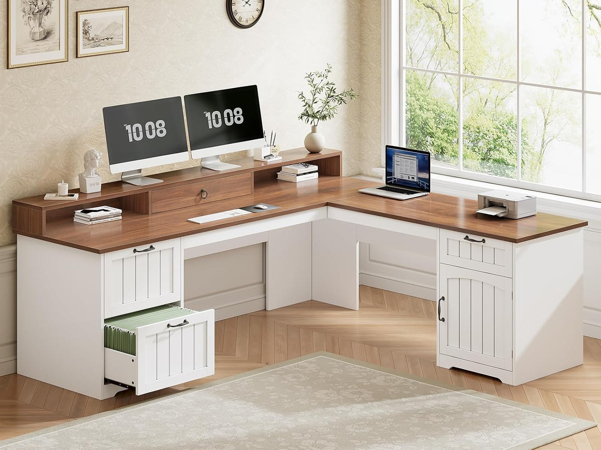 SEDETA Farmhouse 63" L Shaped Desk with Drawers and Storage Cabinet