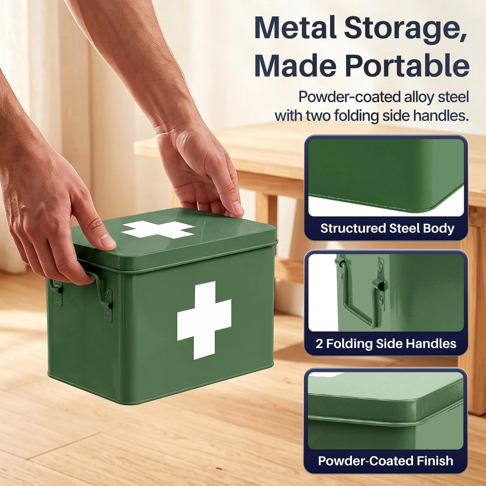 Flexzion Large Metal First Aid Box Empty, 8.5-Inch, Green with White Cross