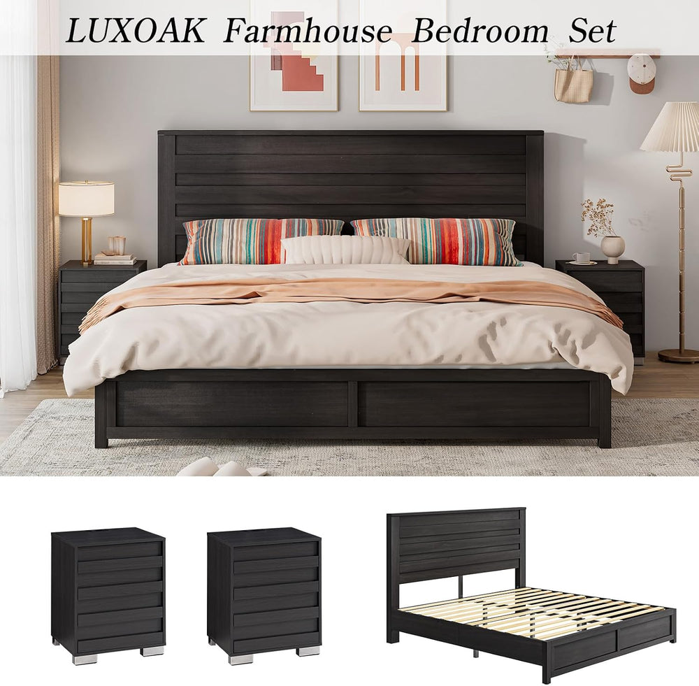 LUXOAK 3 Piece Slatted Bedroom Set Full Bed Frame & 2 Nightstands, Black