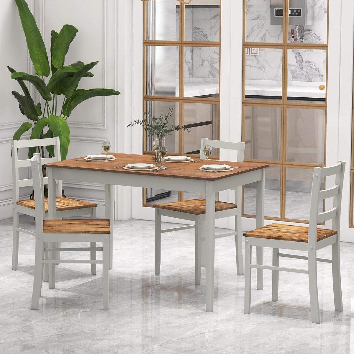 GOFLAME 5 Piece Dining Table Set for 4, Farmhouse Kitchen Table and 4 Chairs with Rubber Wood Legs, Space-Saving Wooden Dinette Set for Small Space, Dining Room, Breakfast Nook, Brown
