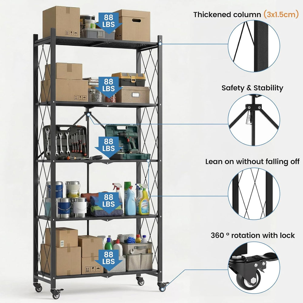 ALANNG 70.7" H Metal Storage Shelves, 5 Tier Folding Shelf on Wheels