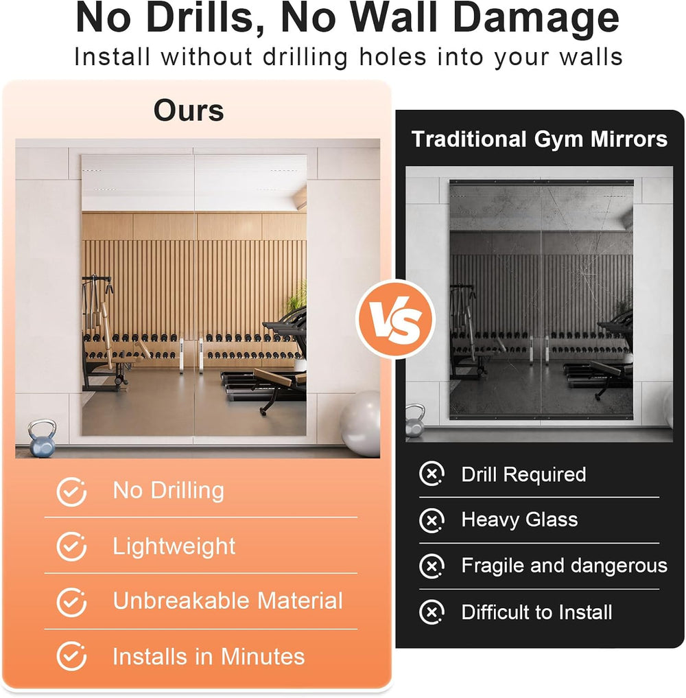 brisafe Gym Mirror, 48"x24" 2-Pack Magnetic No-Drill Wall Mirror