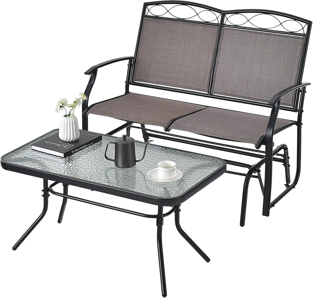 Tangkula 2 Pcs Patio Glider Conversation Set, Outdoor Gliding Loveseat w/Temp...