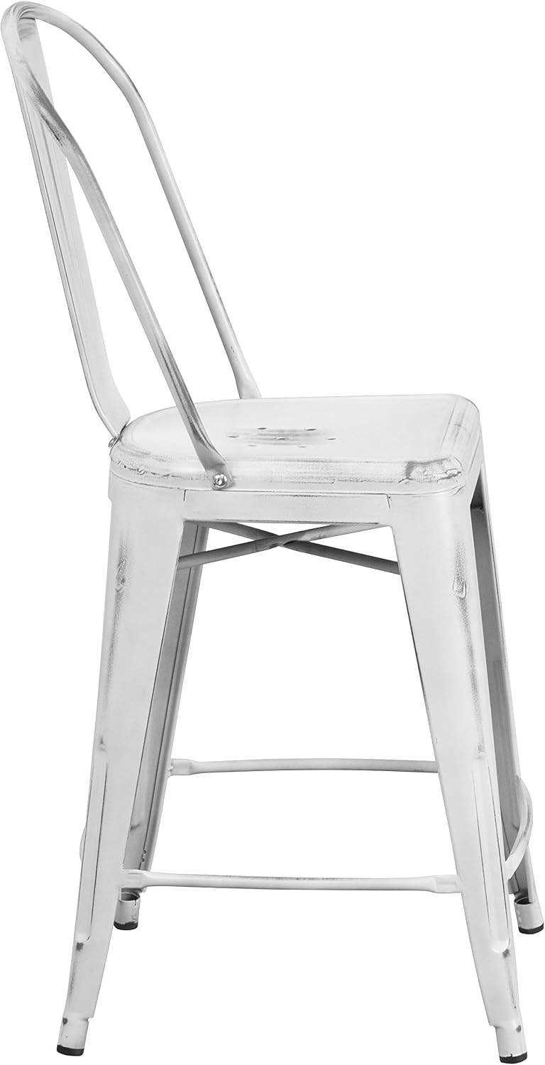 EMMA + OLIVER 24" Distressed White Metal Indoor/Outdoor Counter Stool