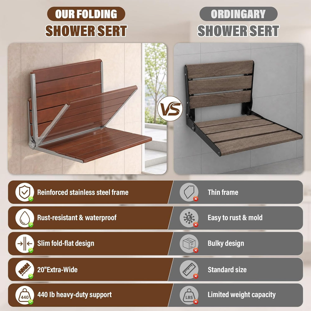 20" Folding Shower Seat Wall Mounted, Foldable Teak Shower Bench, Max 440lb
