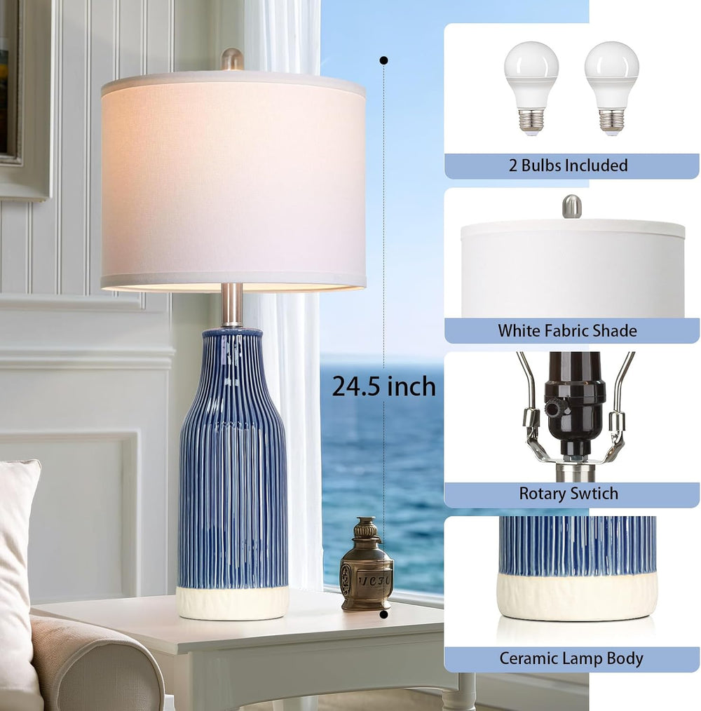 24.5" Blue Ceramic Table Lamps Set of 2 for Bedroom, Modern Table Lamps ...