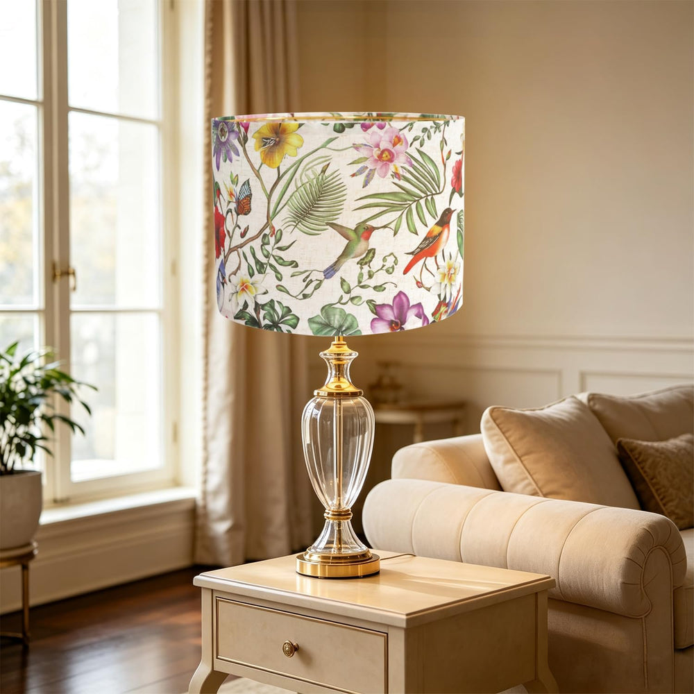 Drum Lampshades, Print Floral Linen Lamp Shade with Golden Frame