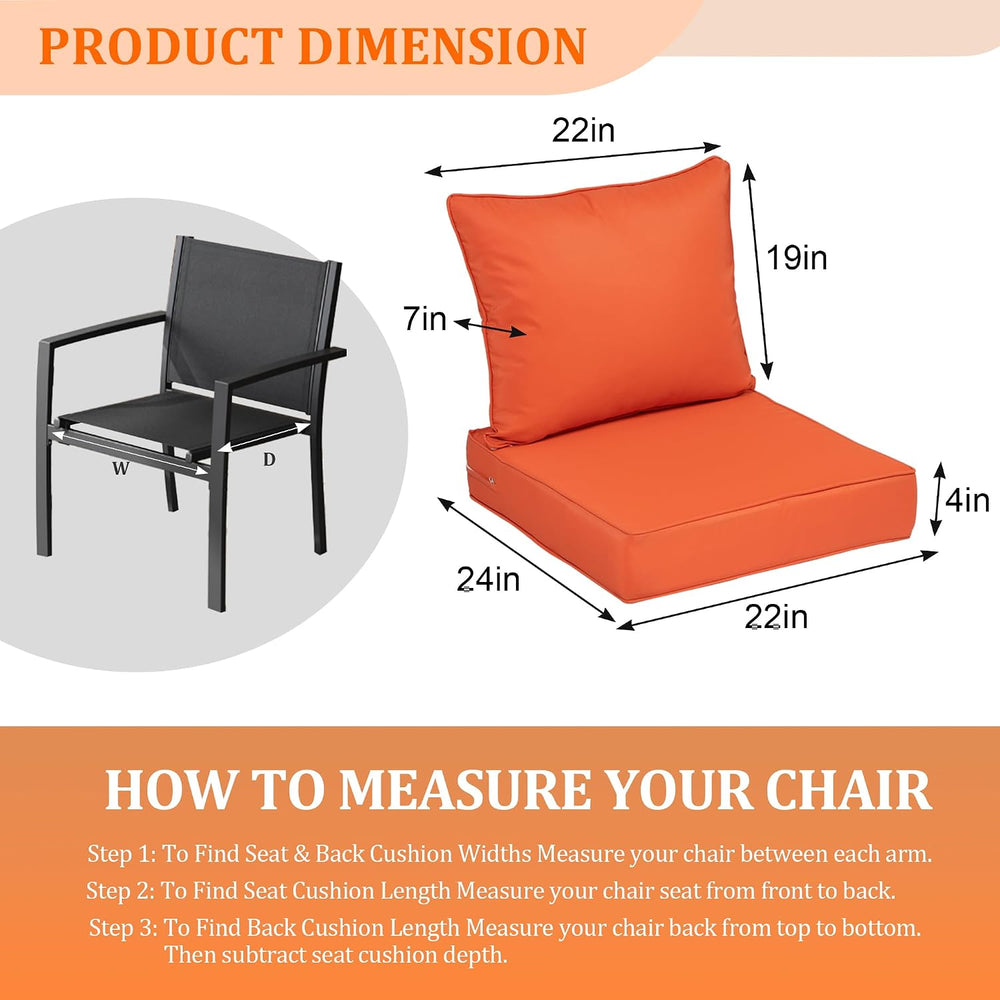 Outdoor Chair Cushions with Back, 22x24x4in, Orange, 2 Set